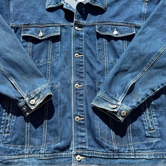 Mens vintage 80s thick deep blue denim wide boxy fit jacket buttons collar kanye - Picture 3 of 4
